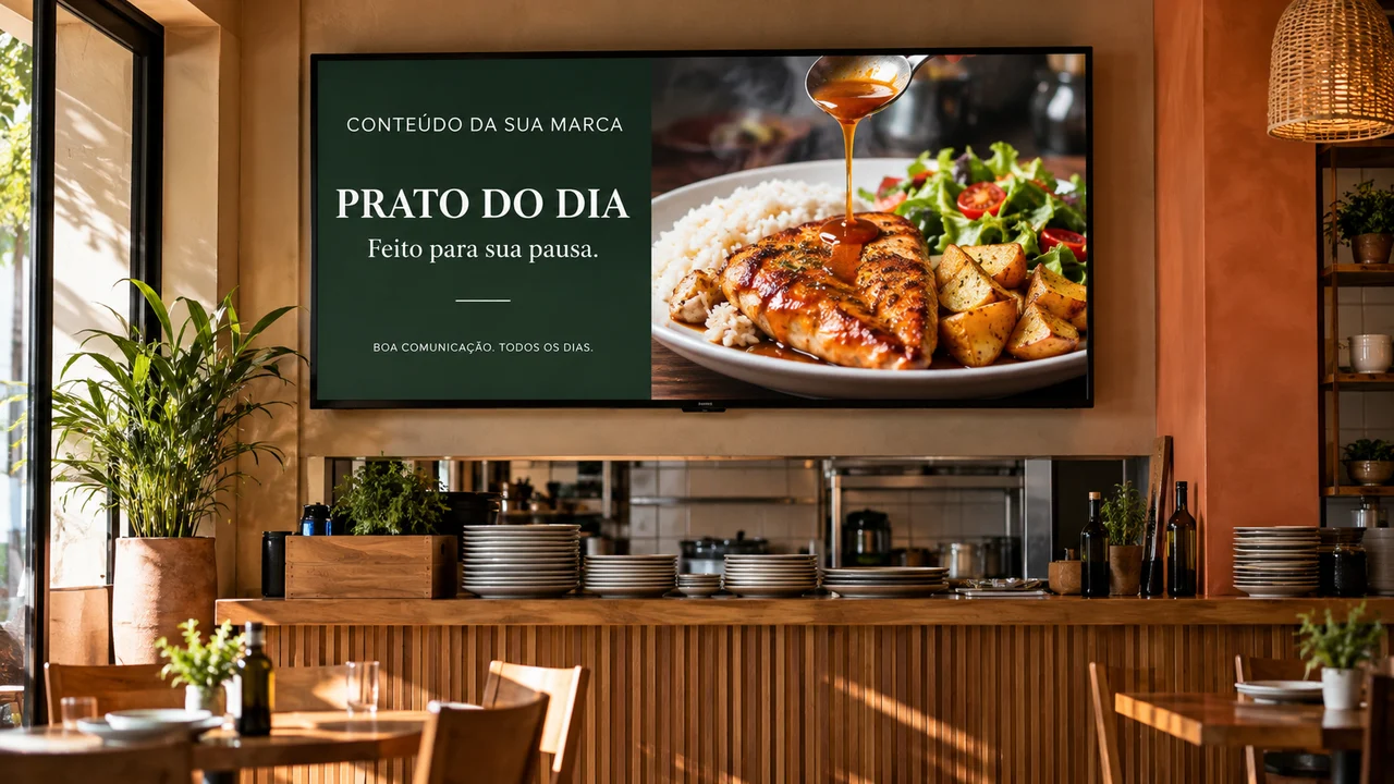 Demonstração criada com IA: Restaurantes e lanchonetes. Ambiente e anúncio fictícios.