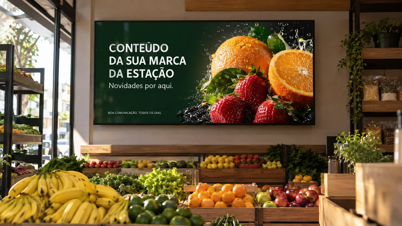 Demonstração criada com IA: Lojas e mercados. Ambiente e anúncio fictícios.