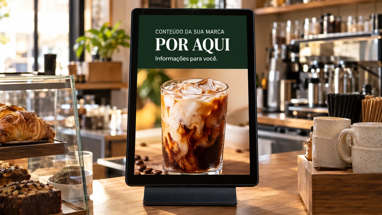 Demonstração criada com IA: Tablets e totens. Ambiente e anúncio fictícios.